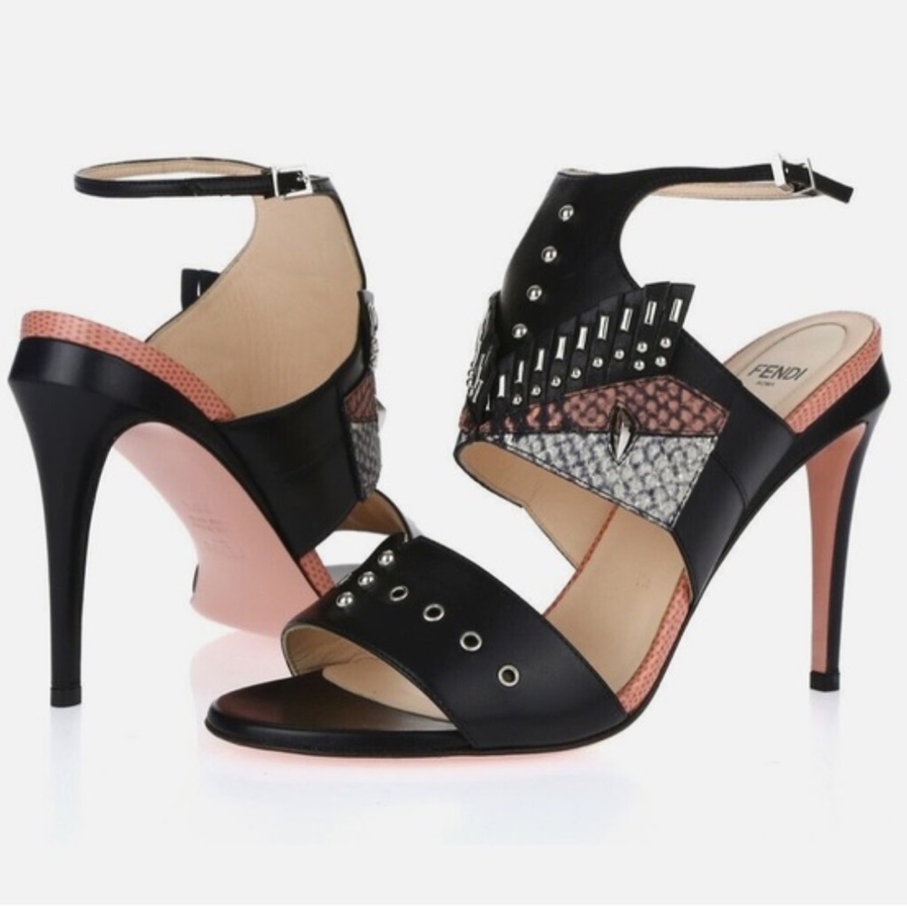 Fendi Black and Pink Women's Heels Monsters Leather Sandals Motif 38.5